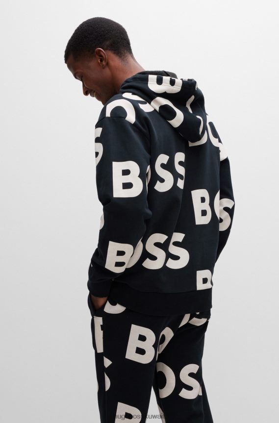 4TFNJN2851 أسود Hugo Boss هوغو هوديي من مزيج القطن بقصة عادية مع طباعة الشعار باللون الأسود