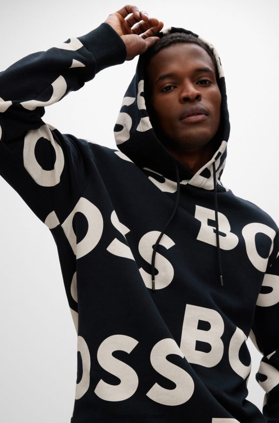 4TFNJN2851 أسود Hugo Boss هوغو هوديي من مزيج القطن بقصة عادية مع طباعة الشعار باللون الأسود