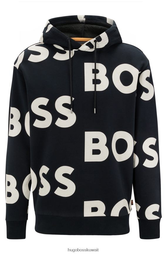 4TFNJN2851 أسود Hugo Boss هوغو هوديي من مزيج القطن بقصة عادية مع طباعة الشعار باللون الأسود