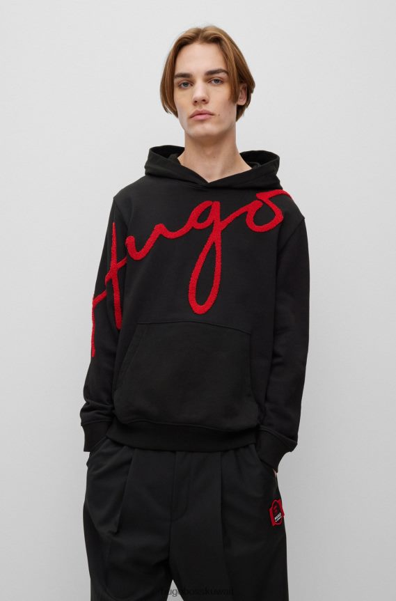 4TFNJN2854 أسود Hugo Boss هودي من قطن تيري مع شعار كبير الحجم مطرز باللون الأسود