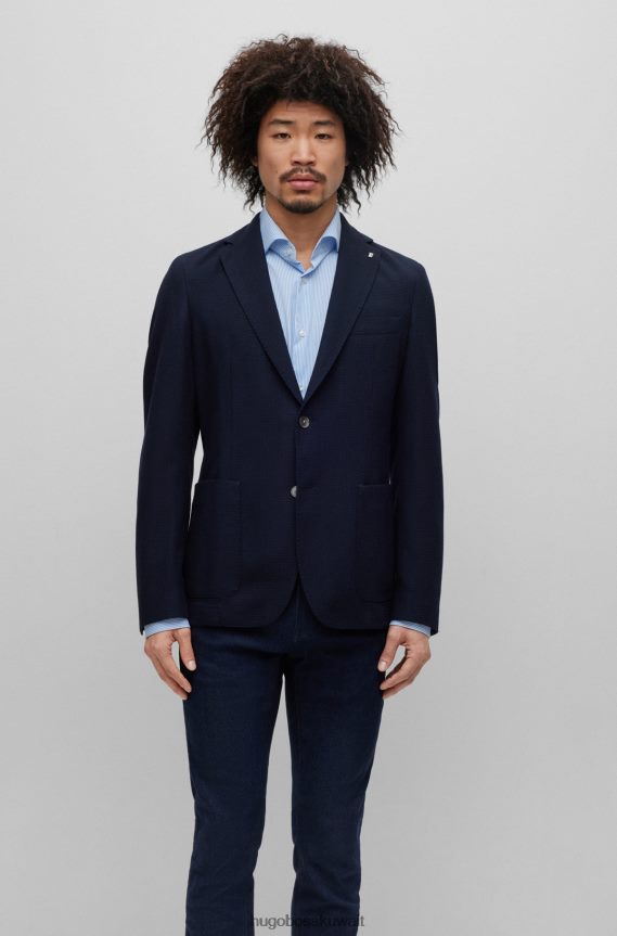 4TFNJN2861 أزرق غامق Hugo Boss سترة هوغو باللون الأزرق الداكن بقصة ضيقة من مزيج الصوف بأنماط دقيقة