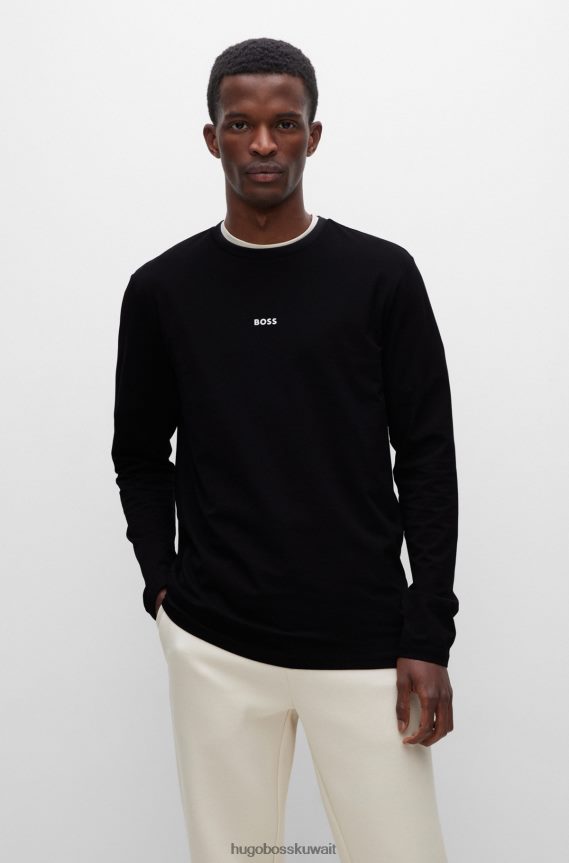 4TFNJN2869 أسود Hugo Boss تيشيرت Hugo من القطن المطاطي بقصة عادية مع شعار متباين باللون الأسود