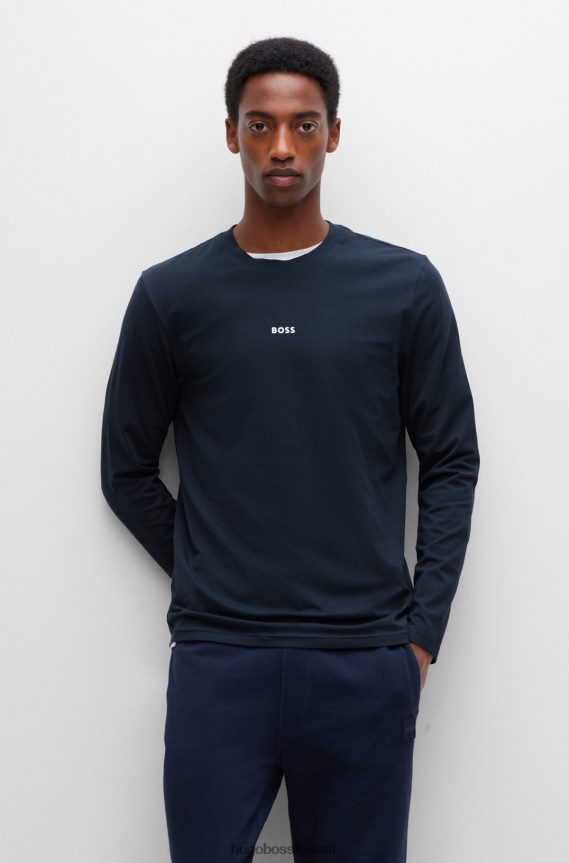 4TFNJN2870 أزرق غامق Hugo Boss تي شيرت من القطن المطاطي بقصة عادية مع شعار متباين باللون الأزرق الداكن