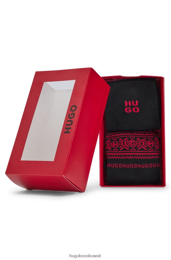 4TFNJN2872 أسود Hugo Boss حزمة من اثنين من الجوارب ذات الطول العادي مع تفاصيل الشعار باللون الأسود Hugo