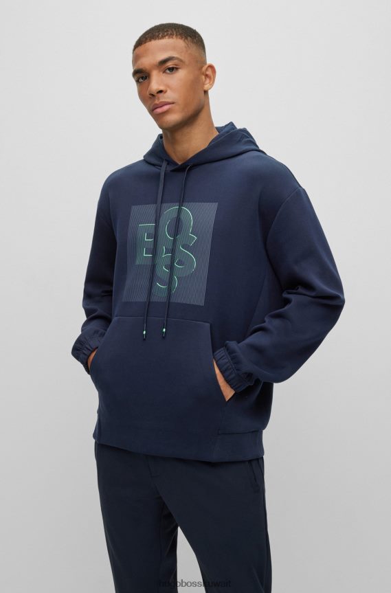 4TFNJN2874 أزرق غامق Hugo Boss هودي هودي من مزيج القطن باللون الأزرق الداكن مع طباعة شعار