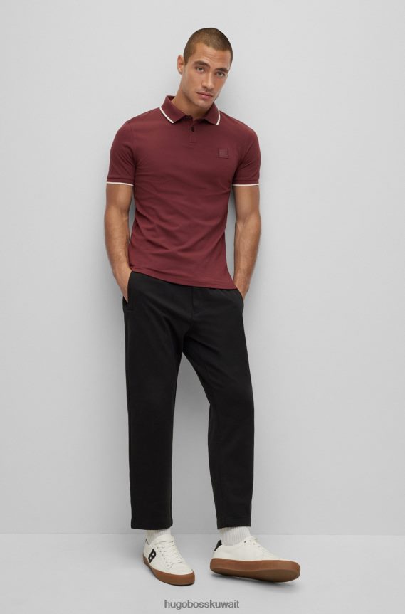 4TFNJN2884 احمر غامق Hugo Boss قميص بولو من القطن المطاطي ذو قصة ضيقة باللون الأحمر الداكن مع رقعة شعار Hugo