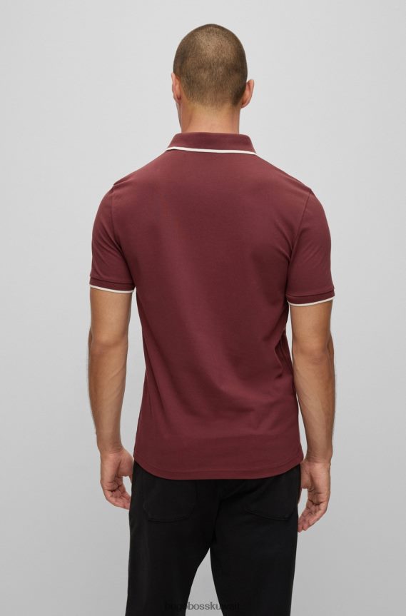 4TFNJN2884 احمر غامق Hugo Boss قميص بولو من القطن المطاطي ذو قصة ضيقة باللون الأحمر الداكن مع رقعة شعار Hugo