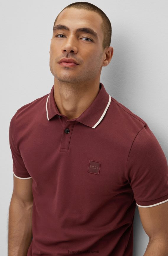 4TFNJN2884 احمر غامق Hugo Boss قميص بولو من القطن المطاطي ذو قصة ضيقة باللون الأحمر الداكن مع رقعة شعار Hugo