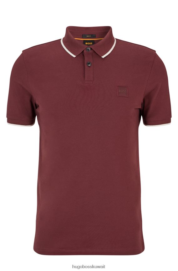 4TFNJN2884 احمر غامق Hugo Boss قميص بولو من القطن المطاطي ذو قصة ضيقة باللون الأحمر الداكن مع رقعة شعار Hugo