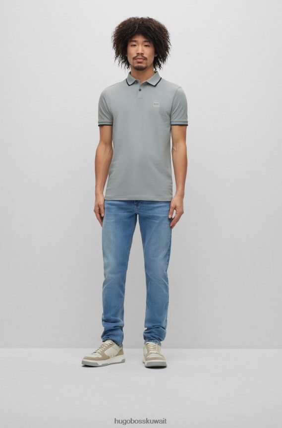 4TFNJN2889 رمادي Hugo Boss قميص بولو من القطن المطاطي بقصة ضيقة مع رقعة شعار هوغو باللون الرمادي