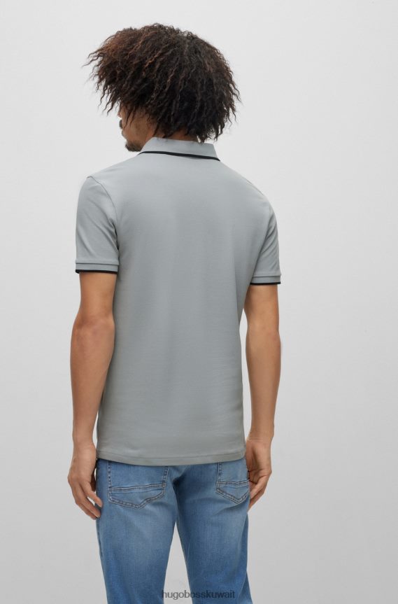 4TFNJN2889 رمادي Hugo Boss قميص بولو من القطن المطاطي بقصة ضيقة مع رقعة شعار هوغو باللون الرمادي