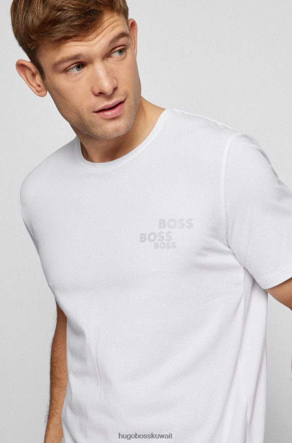 4TFNJN2891 أبيض Hugo Boss تي شيرت بيجامة من القطن المطاطي مع علامة تجارية متباينة باللون الأبيض