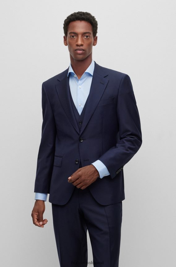 4TFNJN2895 أزرق غامق Hugo Boss سترة بصدر واحد من الصوف البكر المطاطي باللون الأزرق الداكن