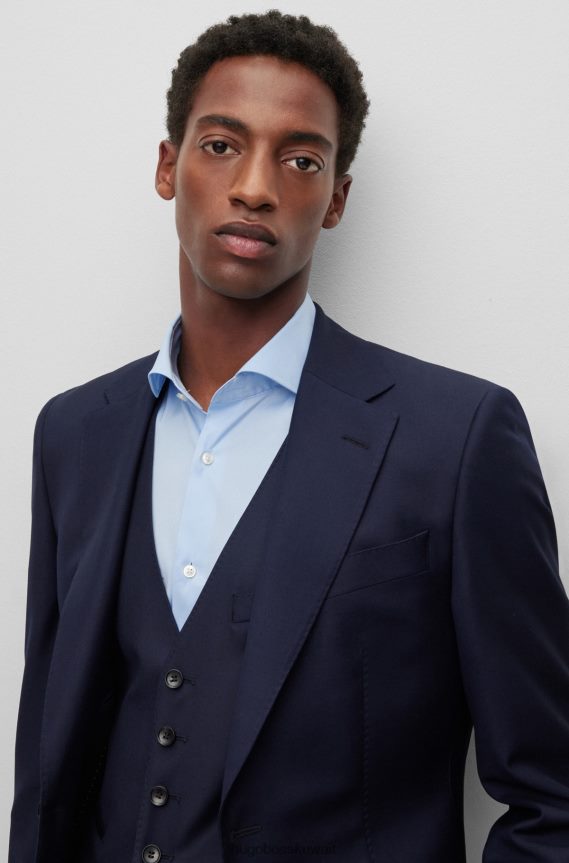 4TFNJN2895 أزرق غامق Hugo Boss سترة بصدر واحد من الصوف البكر المطاطي باللون الأزرق الداكن