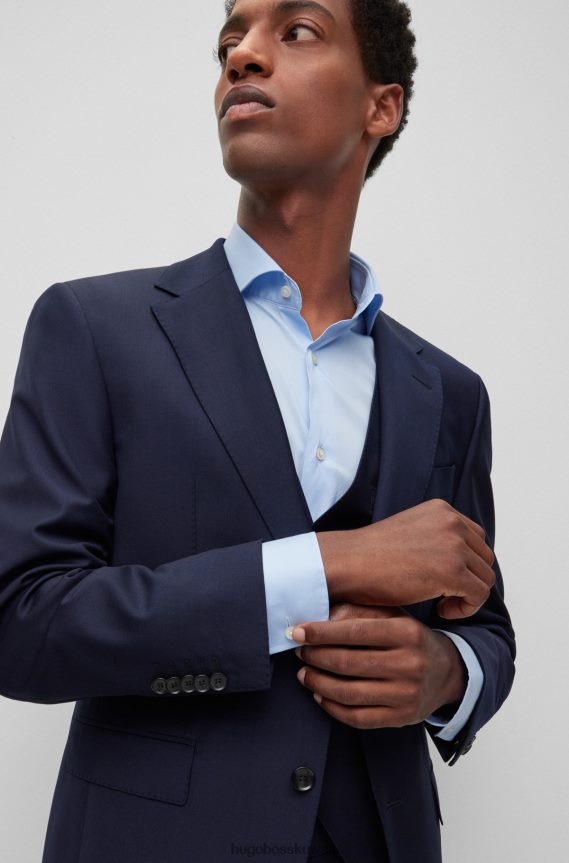 4TFNJN2895 أزرق غامق Hugo Boss سترة بصدر واحد من الصوف البكر المطاطي باللون الأزرق الداكن