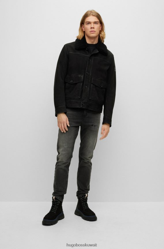 4TFNJN2896 أسود Hugo Boss سترة سائق الشاحنة من جلد نابا باللون الأسود مع ياقة من الشيرلنغ قابلة للفصل