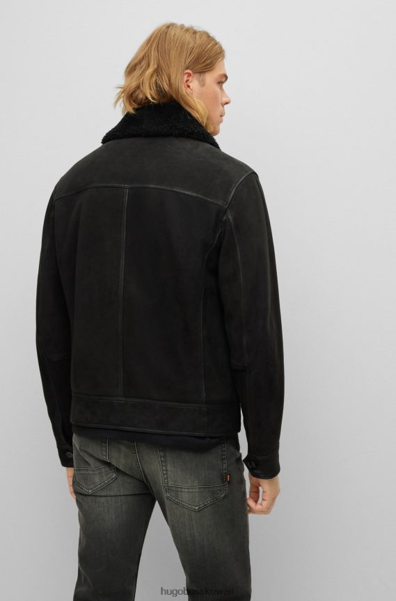4TFNJN2896 أسود Hugo Boss سترة سائق الشاحنة من جلد نابا باللون الأسود مع ياقة من الشيرلنغ قابلة للفصل