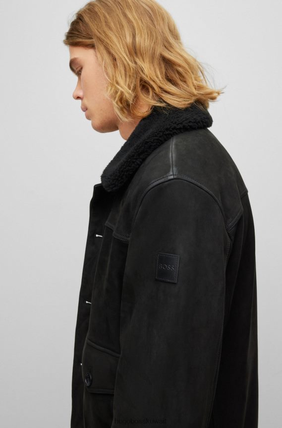 4TFNJN2896 أسود Hugo Boss سترة سائق الشاحنة من جلد نابا باللون الأسود مع ياقة من الشيرلنغ قابلة للفصل