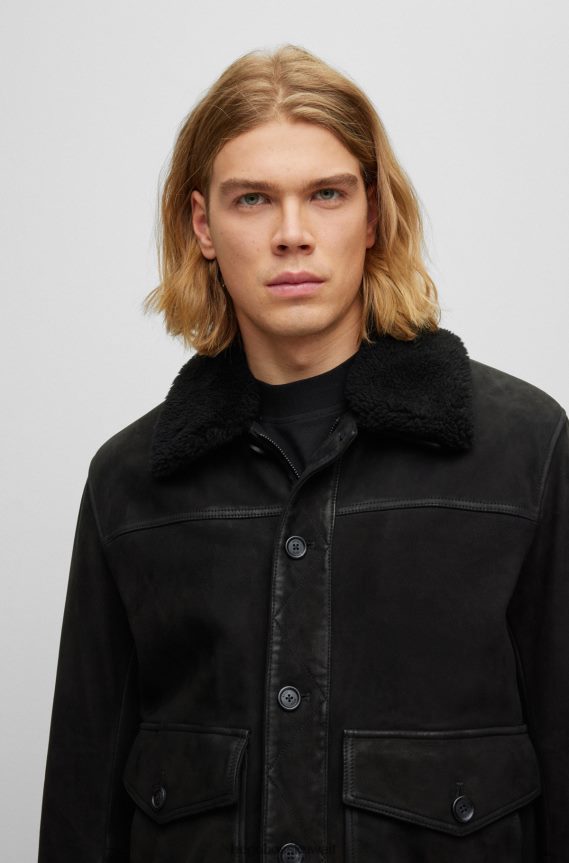 4TFNJN2896 أسود Hugo Boss سترة سائق الشاحنة من جلد نابا باللون الأسود مع ياقة من الشيرلنغ قابلة للفصل