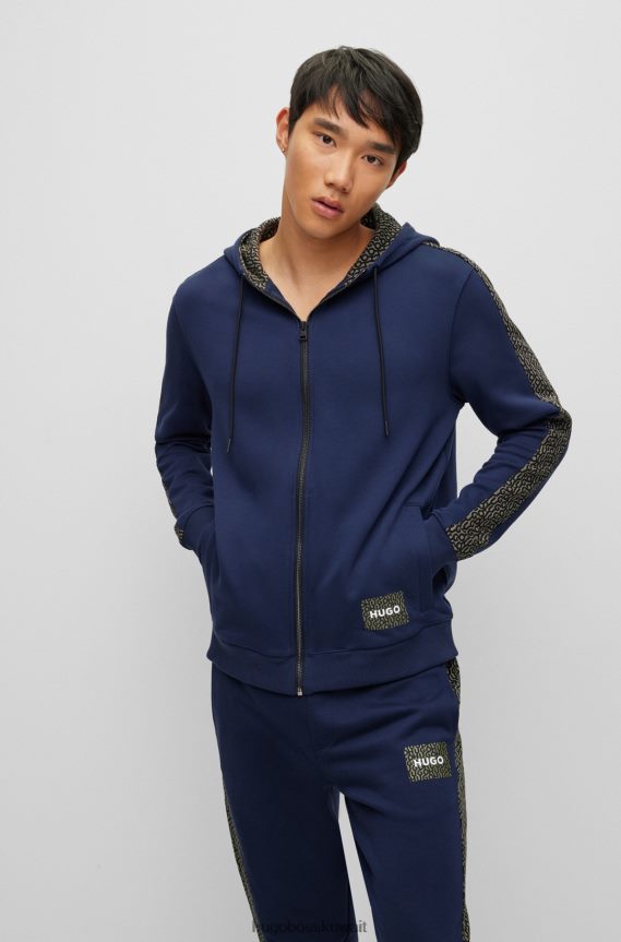 4TFNJN2897 أزرق غامق Hugo Boss سترة بغطاء للرأس بسحاب من قطن تيري الفرنسي مع شعارات متكررة باللون الأزرق الداكن