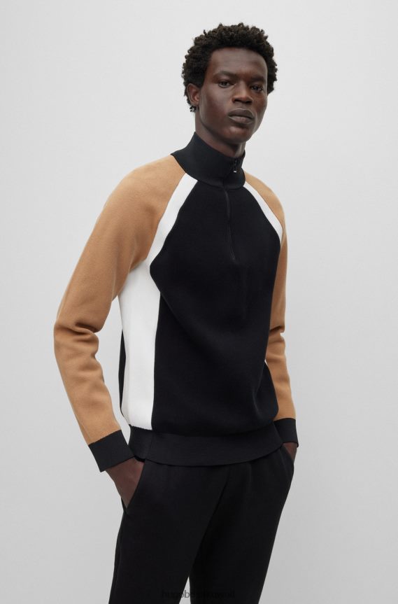 4TFNJN2903 أسود/أبيض/بيج Hugo Boss سترة برقبة بسحاب من مواد مختلطة باللون الأسود