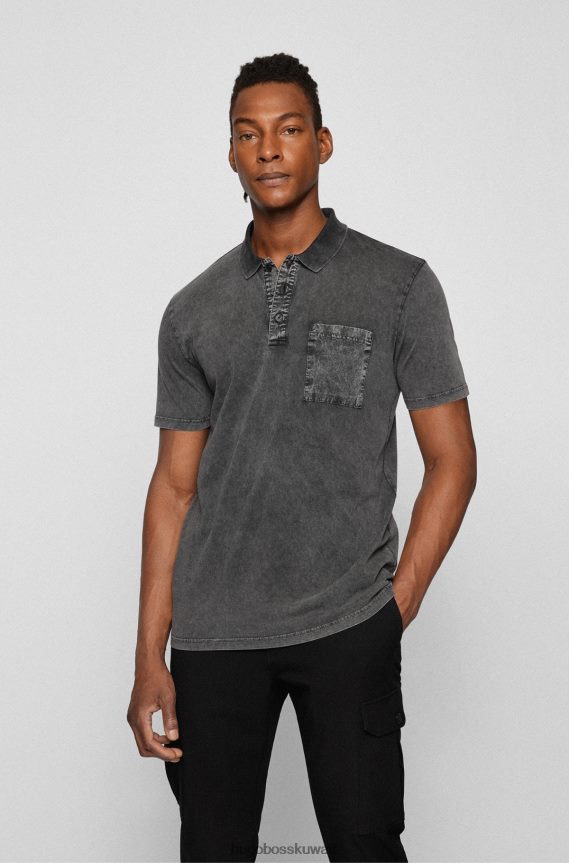 4TFNJN2907 رمادي Hugo Boss قميص بولو من القطن المغسول مع جيب على الصدر باللون الرمادي