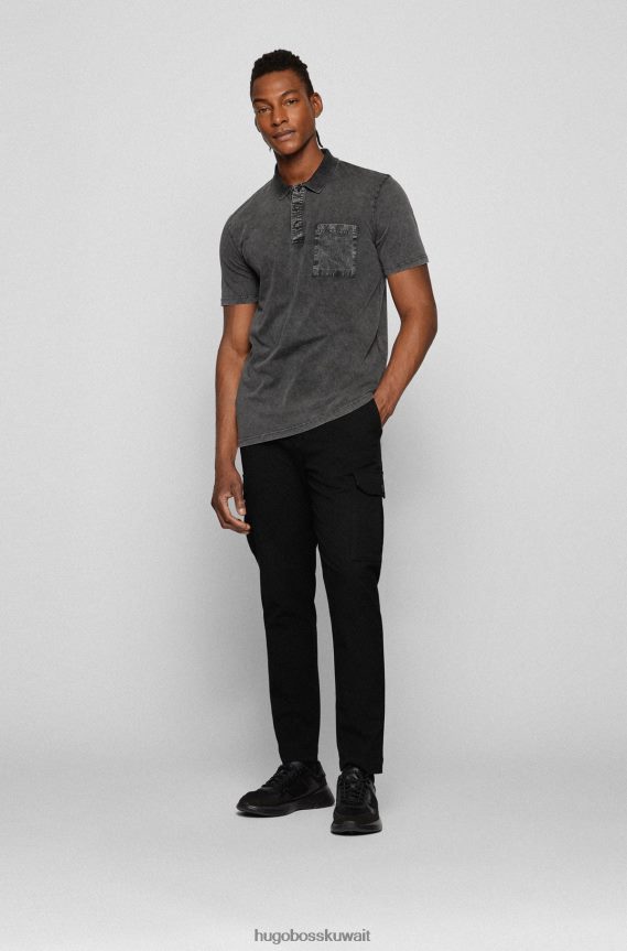 4TFNJN2907 رمادي Hugo Boss قميص بولو من القطن المغسول مع جيب على الصدر باللون الرمادي