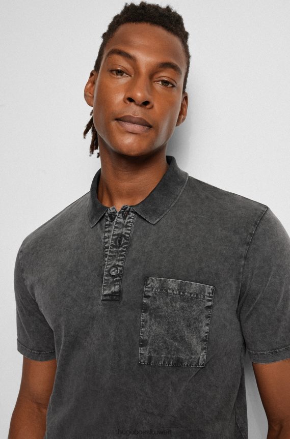4TFNJN2907 رمادي Hugo Boss قميص بولو من القطن المغسول مع جيب على الصدر باللون الرمادي