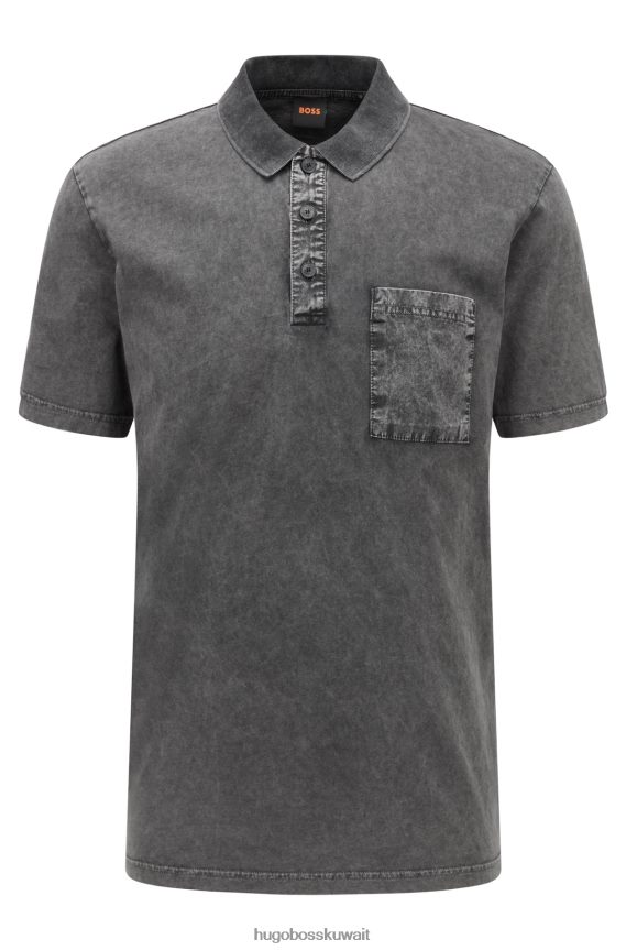 4TFNJN2907 رمادي Hugo Boss قميص بولو من القطن المغسول مع جيب على الصدر باللون الرمادي