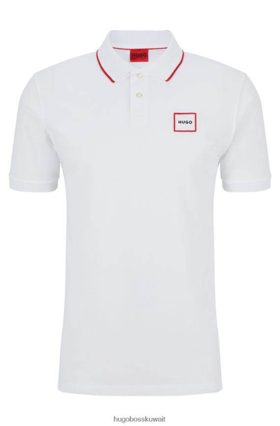 4TFNJN2912 أبيض Hugo Boss قميص بولو من قطن بيكيه © من Hugo مع شعار بإطار أحمر باللون الأبيض