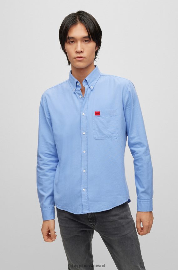 4TFNJN2923 أزرق فاتح Hugo Boss قميص Hugo ذو قصة ضيقة من قطن أكسفورد باللون الأزرق الفاتح مع ملصق شعار منسوج