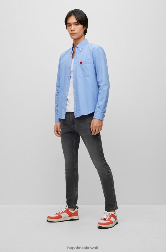 4TFNJN2923 أزرق فاتح Hugo Boss قميص Hugo ذو قصة ضيقة من قطن أكسفورد باللون الأزرق الفاتح مع ملصق شعار منسوج