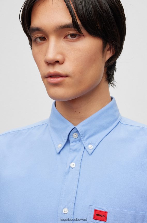 4TFNJN2923 أزرق فاتح Hugo Boss قميص Hugo ذو قصة ضيقة من قطن أكسفورد باللون الأزرق الفاتح مع ملصق شعار منسوج