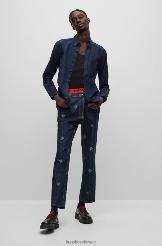4TFNJN2924 أزرق غامق Hugo Boss قميص Hugo مصنوع من قطن أكسفورد بقصة ضيقة مع ملصق شعار منسوج باللون الأزرق الداكن