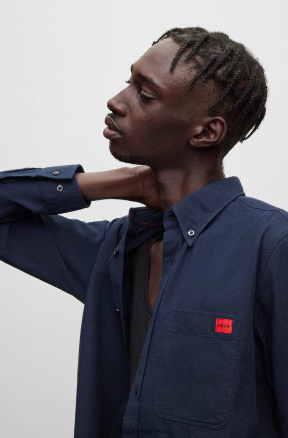4TFNJN2924 أزرق غامق Hugo Boss قميص Hugo مصنوع من قطن أكسفورد بقصة ضيقة مع ملصق شعار منسوج باللون الأزرق الداكن