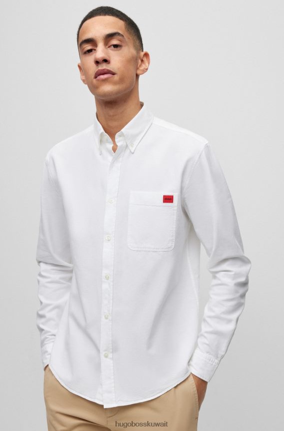 4TFNJN2925 أبيض Hugo Boss قميص بقصة ضيقة من قطن أكسفورد مع شعار منسوج باللون الأبيض