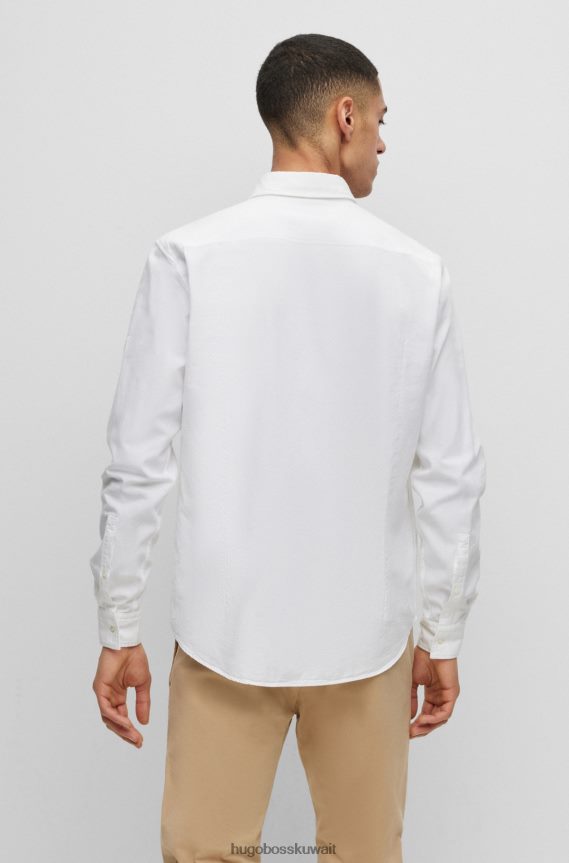 4TFNJN2925 أبيض Hugo Boss قميص بقصة ضيقة من قطن أكسفورد مع شعار منسوج باللون الأبيض