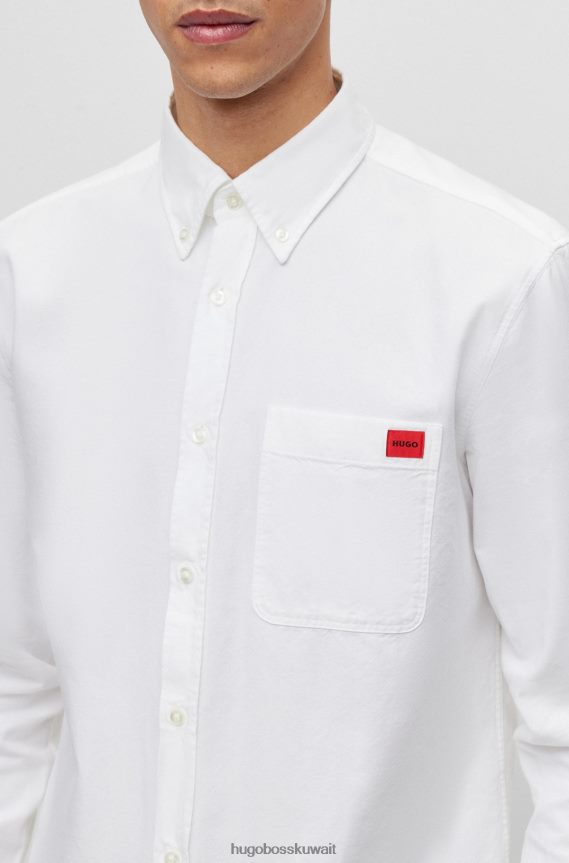 4TFNJN2925 أبيض Hugo Boss قميص بقصة ضيقة من قطن أكسفورد مع شعار منسوج باللون الأبيض