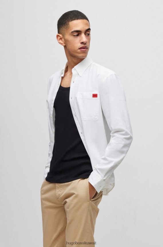 4TFNJN2925 أبيض Hugo Boss قميص بقصة ضيقة من قطن أكسفورد مع شعار منسوج باللون الأبيض