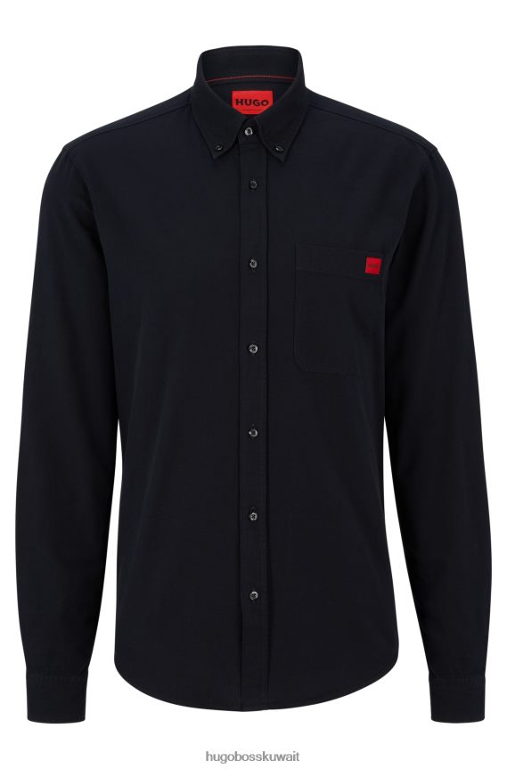 4TFNJN2926 أسود Hugo Boss قميص أسود من قطن أكسفورد بقصة ضيقة مع شعار Hugo منسوج