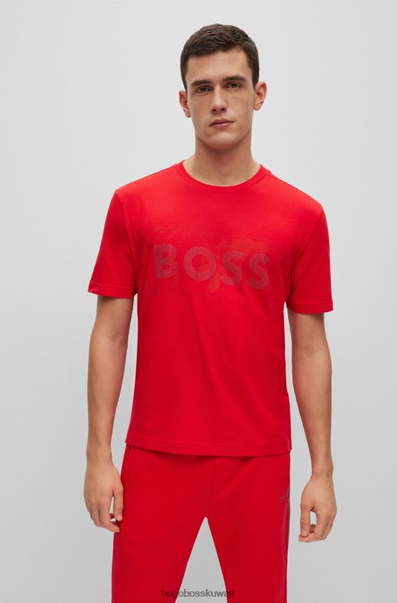 4TFNJN2936 أحمر Hugo Boss تي شيرت هوغو من الجيرسي القطني باللون الأحمر مع شعار من حجر الراين وعمل فني