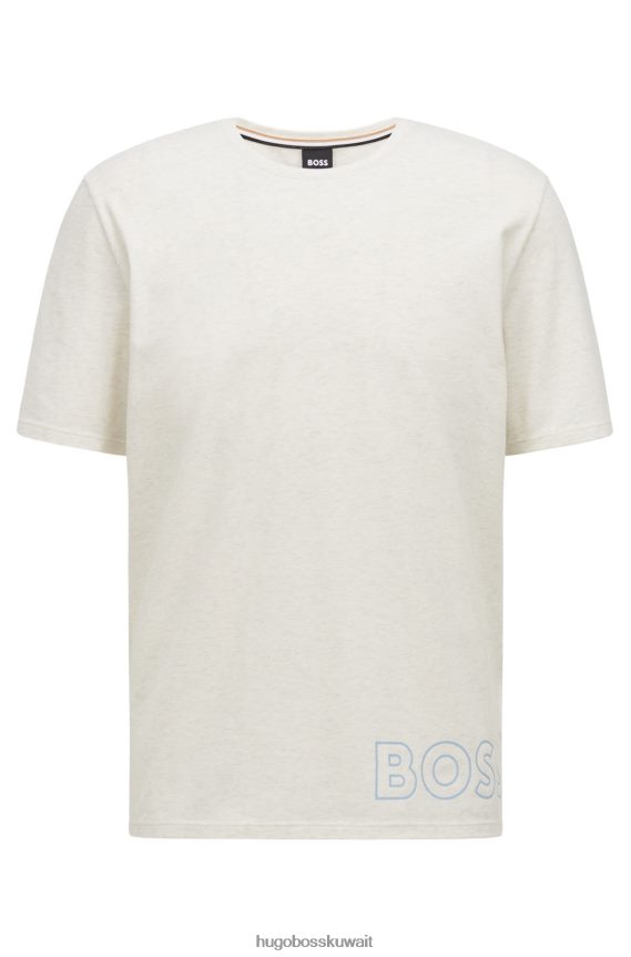 4TFNJN2937 أبيض Hugo Boss تيشيرت بيجامة من القطن المطاطي مع شعار مخطط باللون الأبيض من Hugo