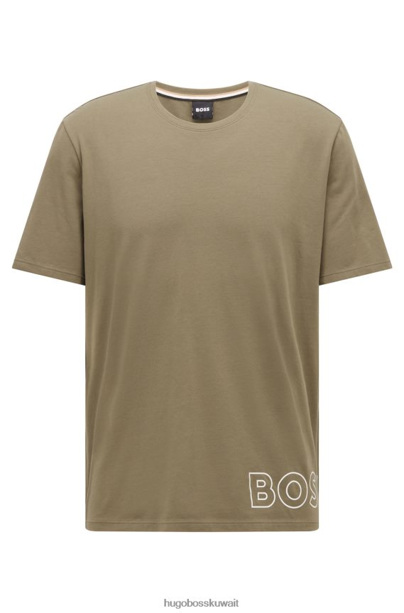 4TFNJN2939 اخضر فاتح Hugo Boss تيشيرت بيجامة من القطن المطاطي باللون الأخضر الفاتح مع شعار Hugo مخطط