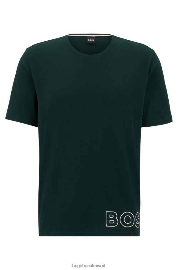 4TFNJN2940 أخضر غامق Hugo Boss تي شيرت بيجامة من القطن المطاطي مع شعار مخطط هوغو باللون الأخضر الداكن