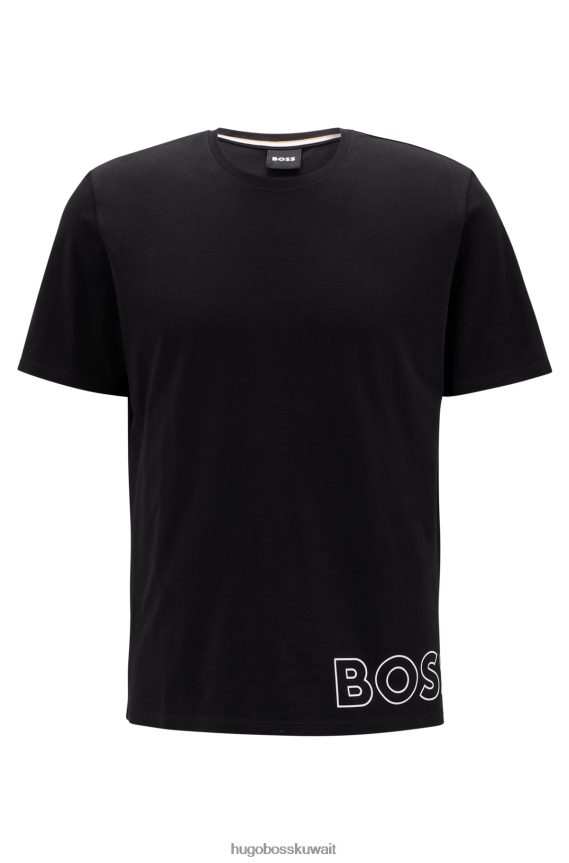 4TFNJN2941 أسود Hugo Boss تيشيرت بيجامة من القطن المطاطي من Hugo باللون الأسود مع شعار مخطط