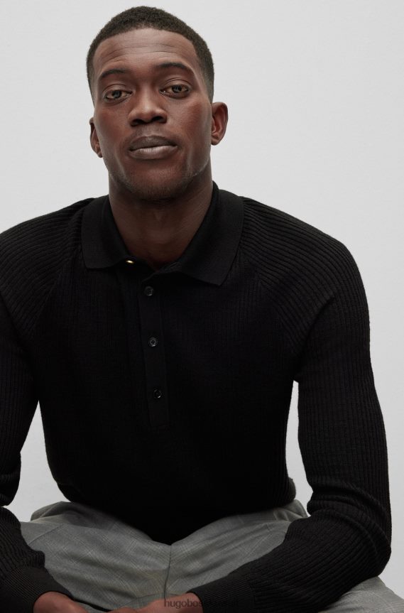 4TFNJN2961 أسود Hugo Boss سترة بولو مضلعة من Hugo باللون الأسود النحيف