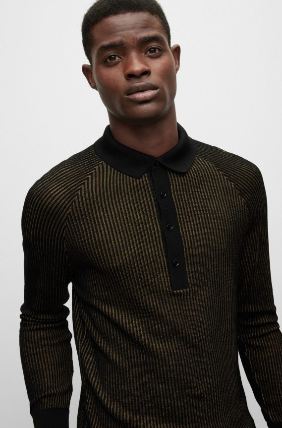 4TFNJN2962 أسود Hugo Boss سترة بولو مضلعة في هوغو أسود مناسب