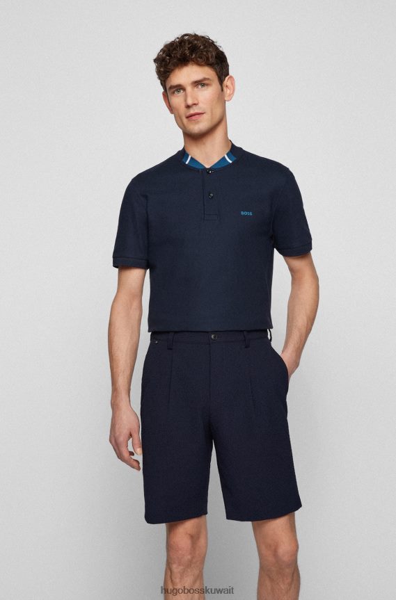 4TFNJN2968 أزرق غامق Hugo Boss قميص بولو بقصة ضيقة مع فتحة عنق هينلي، مصنوع من قطن مرسيريسيد باللون الأزرق الداكن