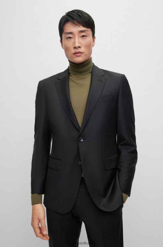 4TFNJN2972 أسود Hugo Boss سترة هوغو سوداء بصدر واحد من الصوف المطاطي