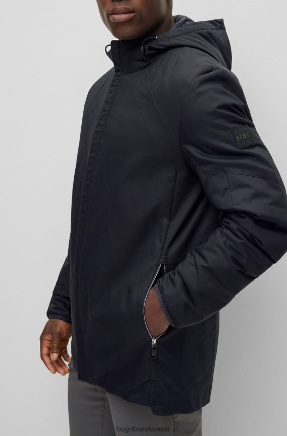 4TFNJN2974 أزرق غامق Hugo Boss هوغو سترة مقنعين طارد للماء مع شارة الشعار باللون الأزرق الداكن